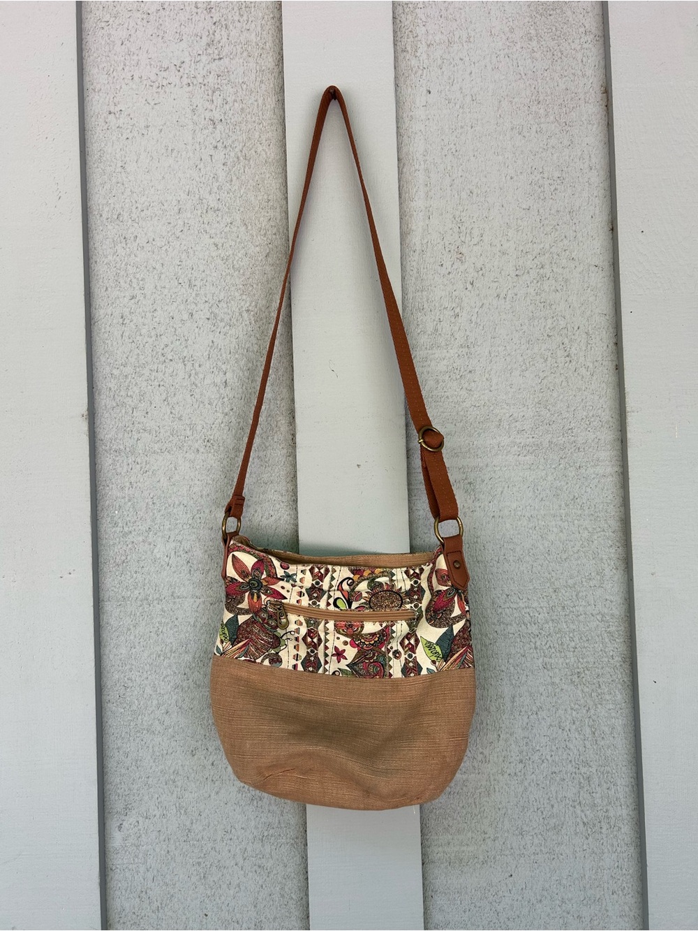 Sakroots Floral Panel Woven Shoulder Bag in Brown and Cream